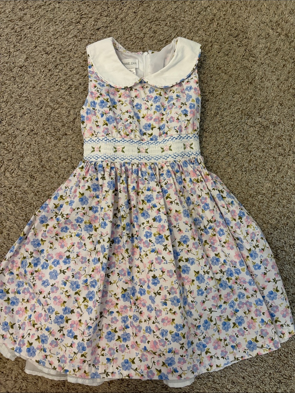Bonnie Jean Sleeveless Floral Smocked Waist Dress with Peter Pan Collar